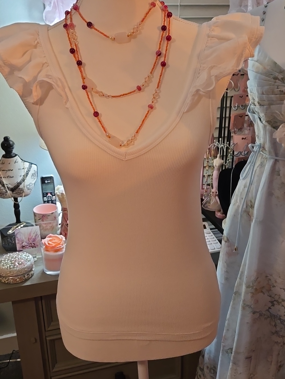 Old Navy White Ribbed V-Neck Tank with Ruffle Cap Sleeves